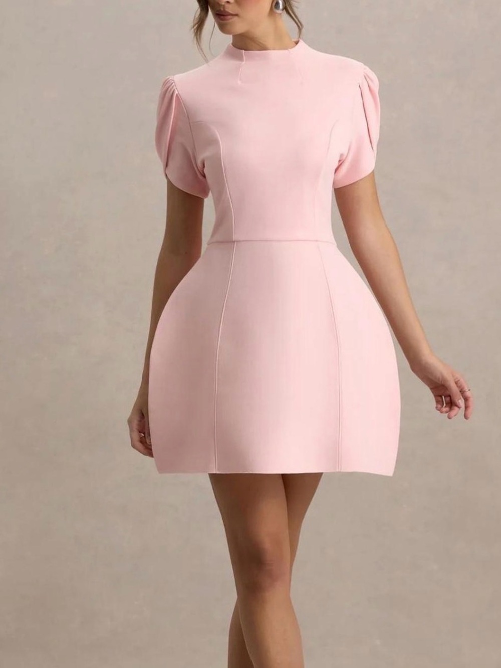 Club L London Blush Pink Mini Dress with Puff Sleeves